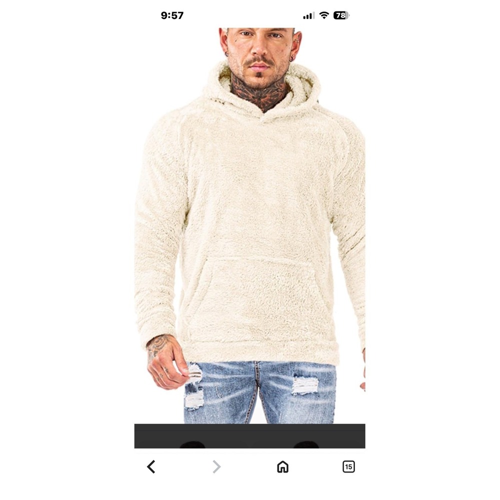 Mens Fleece Hoodie, Pullover Sweatshirt, Sherpa Style, Warm Winter‎ Top